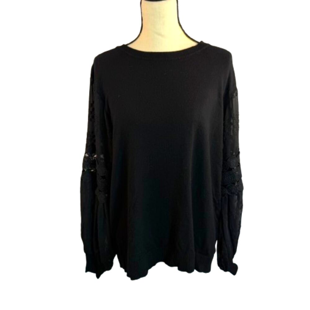 Sioni Milano Round Neckline Black Crochet Sheer Lace Sleeves Sweater Size 1X